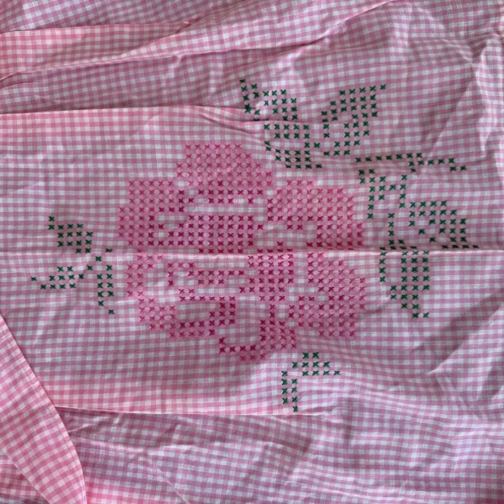 Vintage Ginham Pink and White Half Apron Rose Cross Stitch